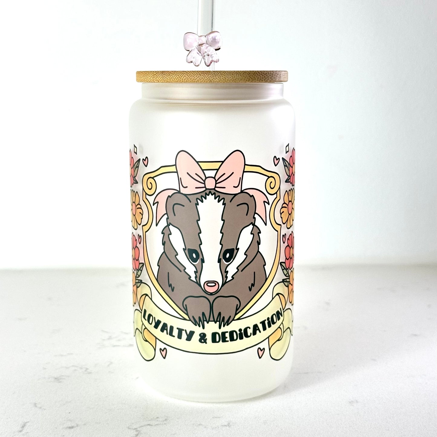 Badger House Crest - Bows and Floral - 16 oz Glass Cup