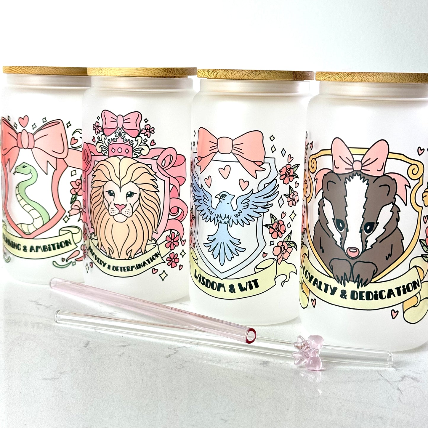 Badger House Crest - Bows and Floral - 16 oz Glass Cup