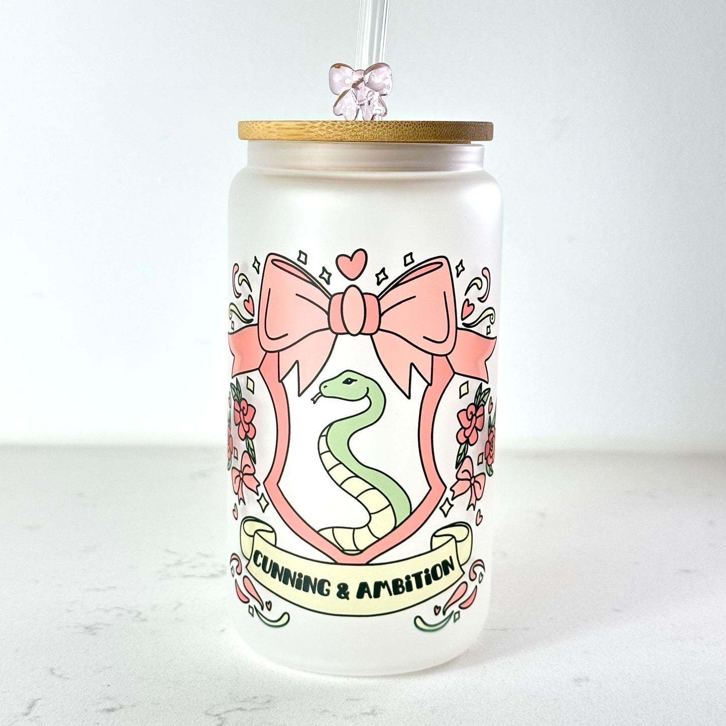 Snake House Crest - Bows and Floral - 16 oz Glass Cup