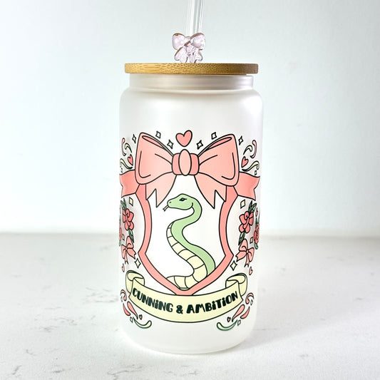 Snake House Crest - Bows and Floral - 16 oz Glass Cup