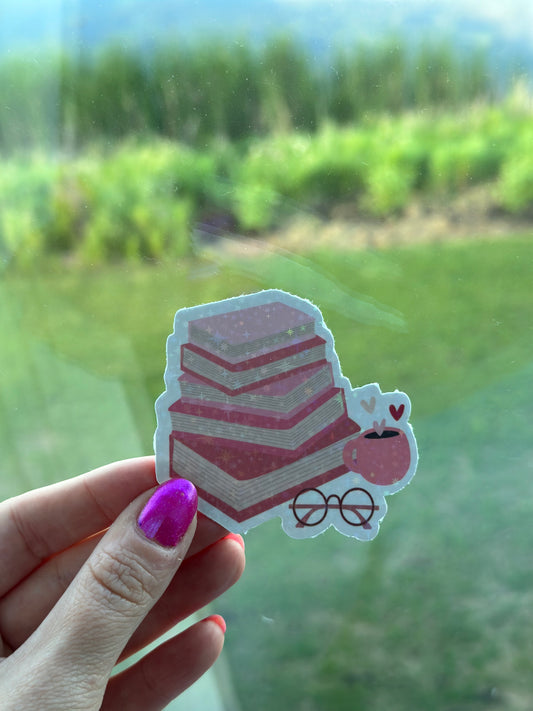 Books, Coffee, and Glasses - Holographic Sparkles - Die-Cut Sticker